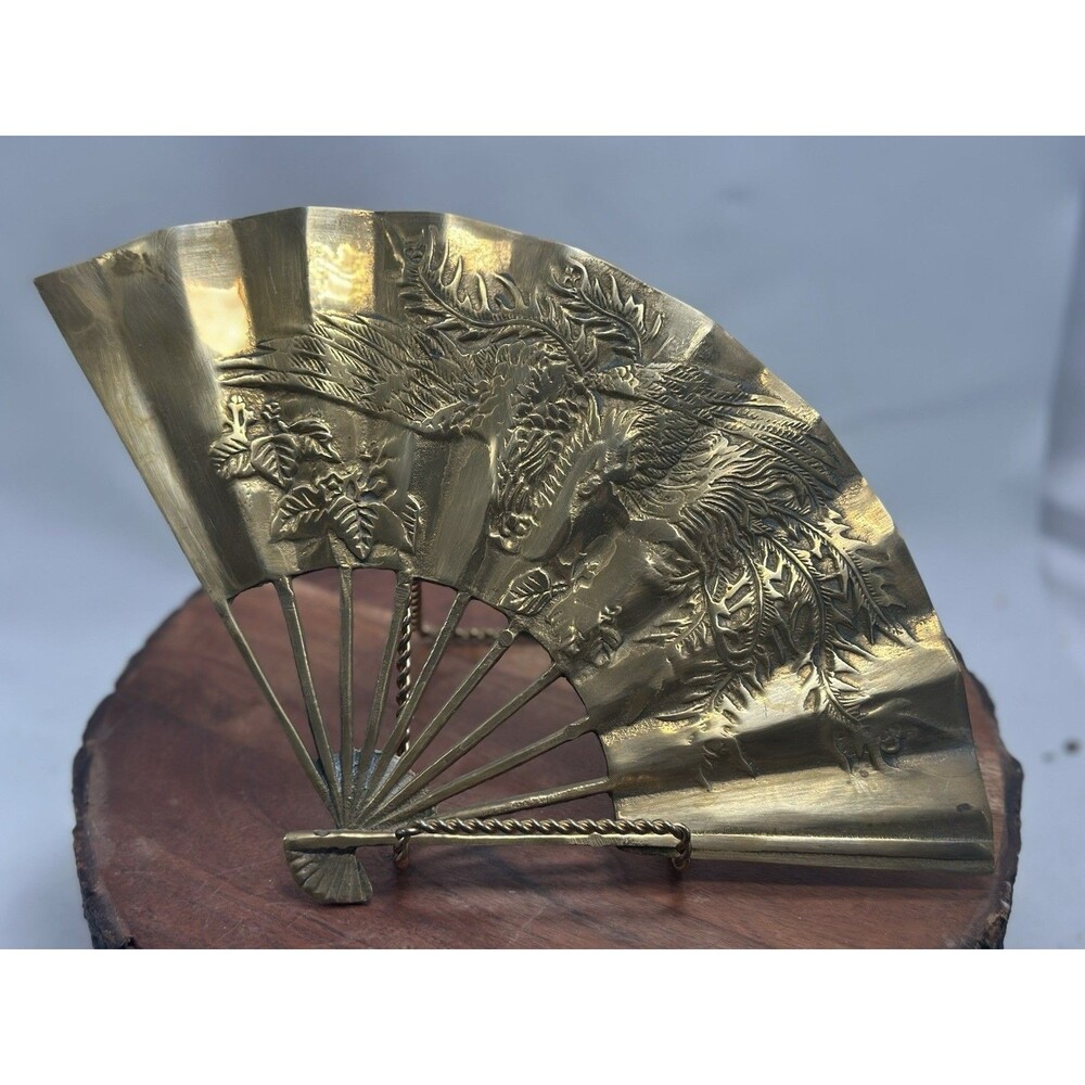 Solid Brass Dragon 2 Fans Engraved Phoenix Not Marked Asian Decor MCM